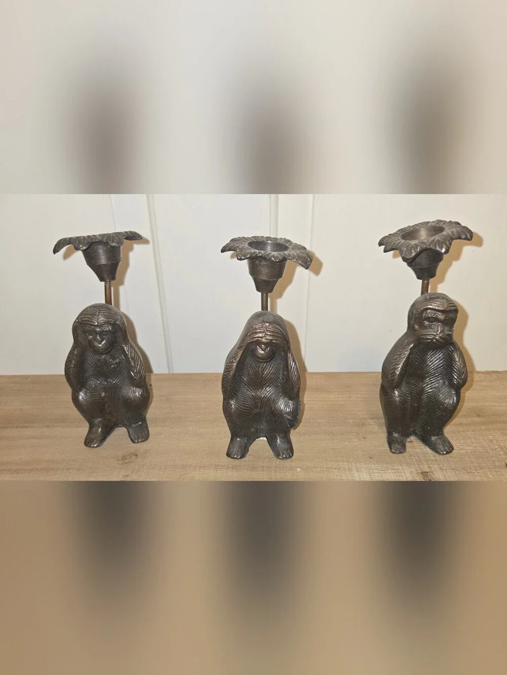 Set of 3 Black Monkey Candle Holders - Decorative Home Accent